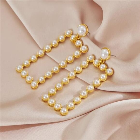 14K Gold Geometric Pearl Earrings | Chunky Modern Drop Earrings - Picture 6 of 6